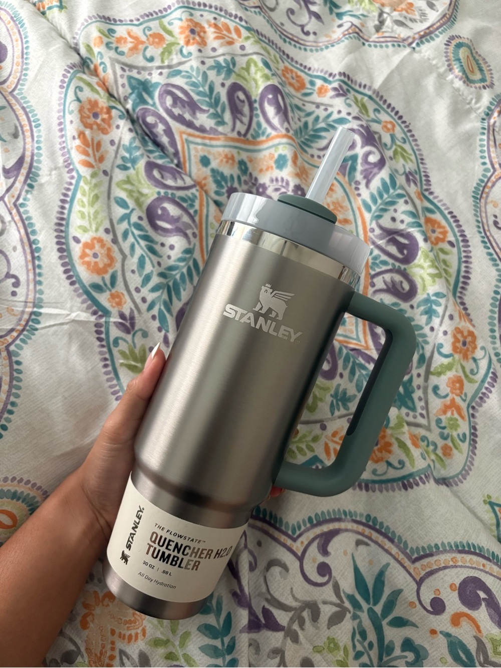 Stanley Stainless Tumbler with Teal Handle and Light Gray Lid 30oz